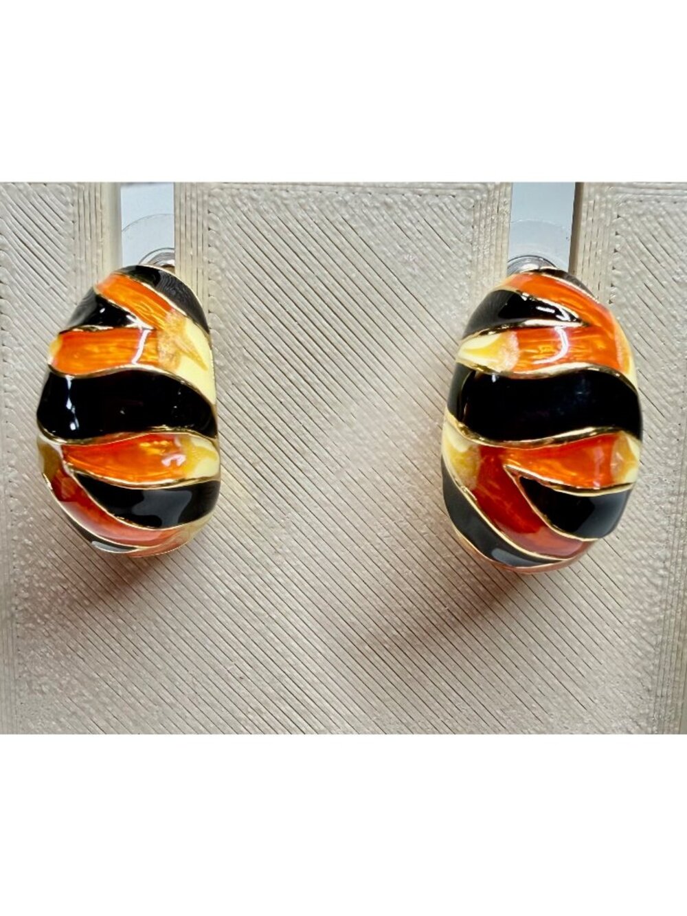 KJL Kenneth Jay Lane Tiger Stripe Enamel Earrings Orange Black Yellow Gold-Tone